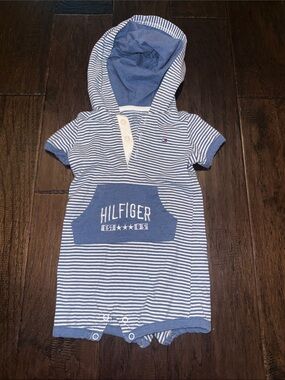 Tommy Hilfiger Blue and White Striped Hooded Romper 6-9mos